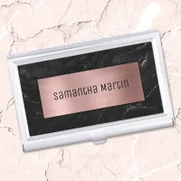 Shimmery Rose Gold Foil Black Marble Business Card Case