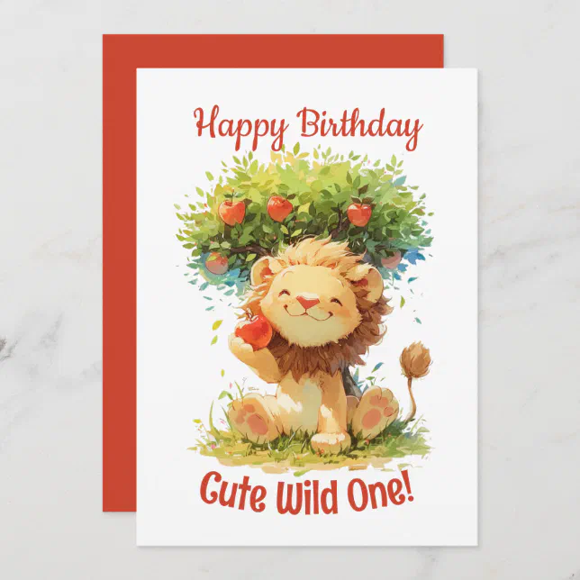 Cute Smile Lion And Apple Tree Birthday Card