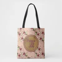 Peace & Joy, Pink Burgundy Gold Christmas Tote Bag