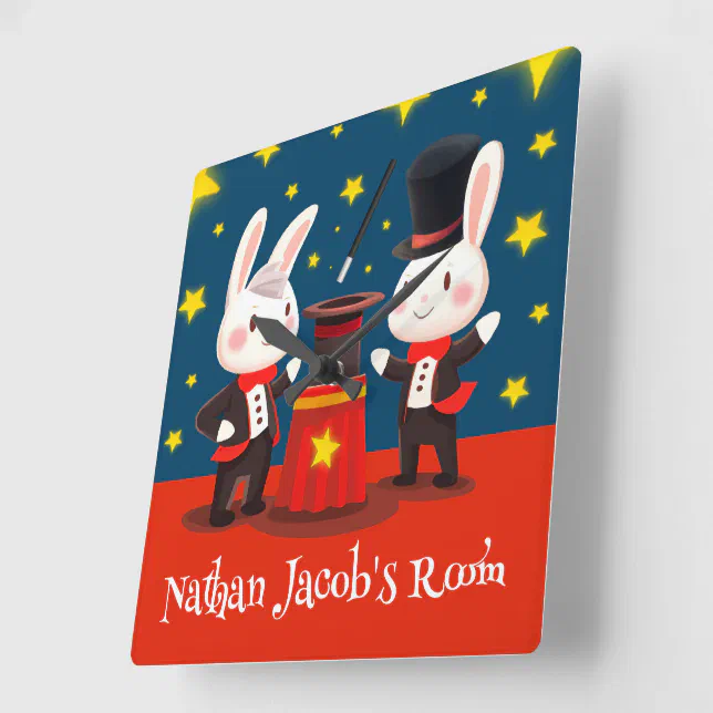 Cute Rabbit Magicians on Stage Magical Square Wall Clock