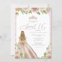 Blush Rose Gold Floral Princess Tiara Sweet 16 Invitation