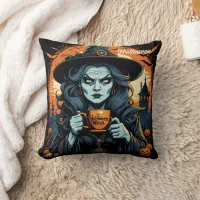 Witch with a potion on Halloween night Throw Pillow