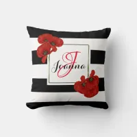 Red Poppies on Black & White Striped Background Throw Pillow