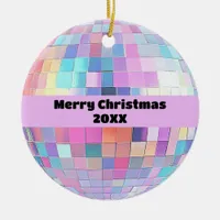 Cute Sparkly Pink & Rainbow Disco Ball Christmas Ceramic Ornament