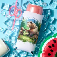 Cute Watercolor Bear and Cub Personalized Seltzer Can Cooler