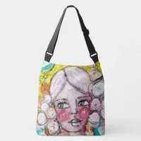 Artistic Cute Girl Portrait Bubble Blue Yellow Fun Crossbody Bag