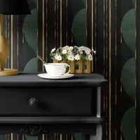 Art Deco Forest Green and Gold Circle Stripe Wallpaper