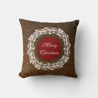 Stylized White Wreath on Red and Green Stripes Throw Pillow