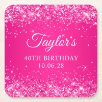 Glittery Hot Pink 40th Birthday Square Paper Coaster