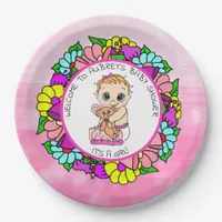 Girl's Baby Shower, Baby with Teddy Bear Paper Plates