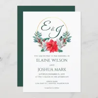 Christmas Berry Poinsettia Wreath Monogram Wedding Invitation