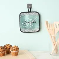 Silver Glitter Pale Turquoise Foil Fancy Monogram Pot Holder