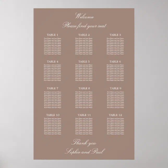 Taupe 12 Table Wedding Seating Chart Poster