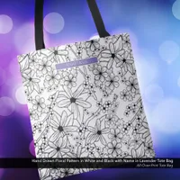 Hand Drawn Floral White Black Pattern Purple Name Tote Bag