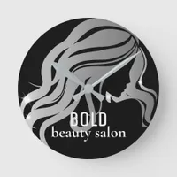 Beauty Salon Business Name Metallic Silver + Black Round Clock