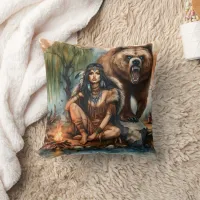 Native American Woman Sitting by River With Bear Throw Pillow