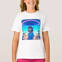 Anime Girl under a UFO in the City T-Shirt