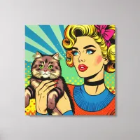 Cartoon Comic Pop Art Women Holding Cat Canvas Print