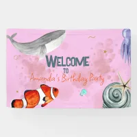 Ocean Animals Kids Birthday Party Name On Pink  Banner