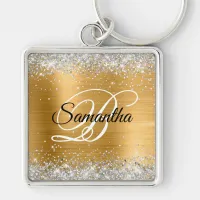 Faux Sparkly Silver Glitter Gold Foil Monogram Keychain