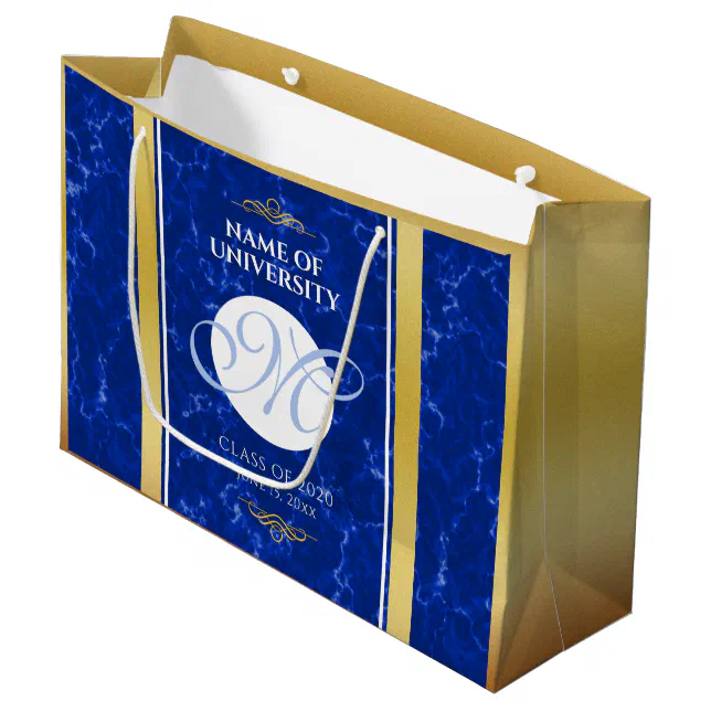 Elegant Graduation Monogram Blue Marble Gold Foil Large Gift Bag