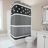 Black and White Lines and Polka Dot Shower Curtain