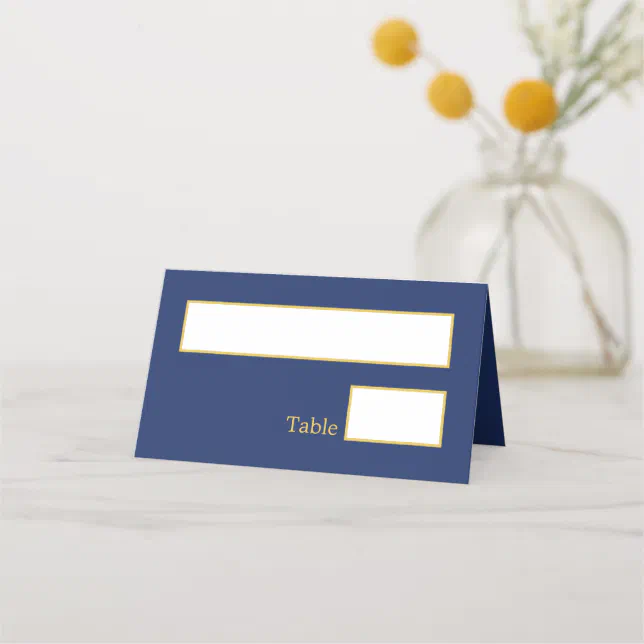 Navy Blue Golden Beige Wedding Folded Place Card