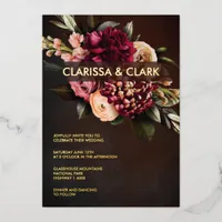 Dark Moody Bold Floral Marsala Wedding  Foil Invit Foil Invitation