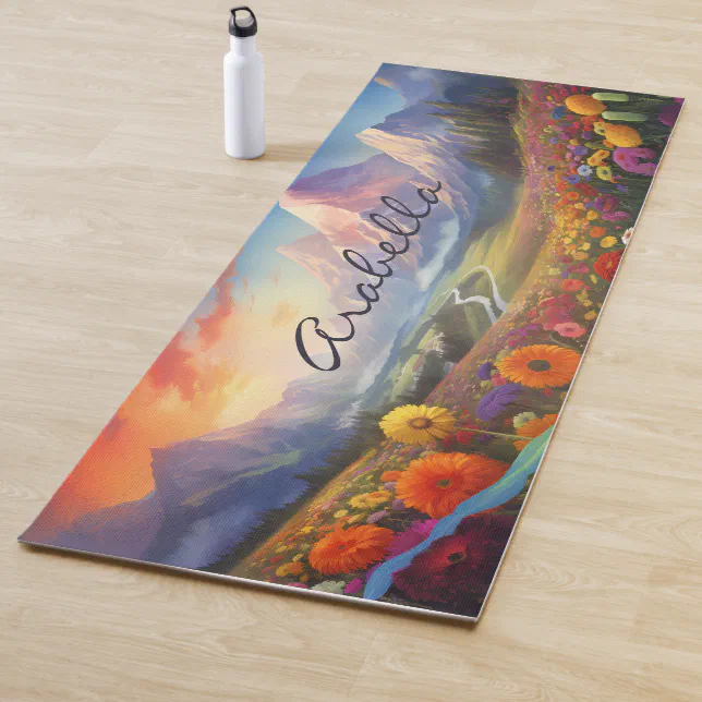 Colorful Flowers And Mountains Nature Meditation Yoga Mat