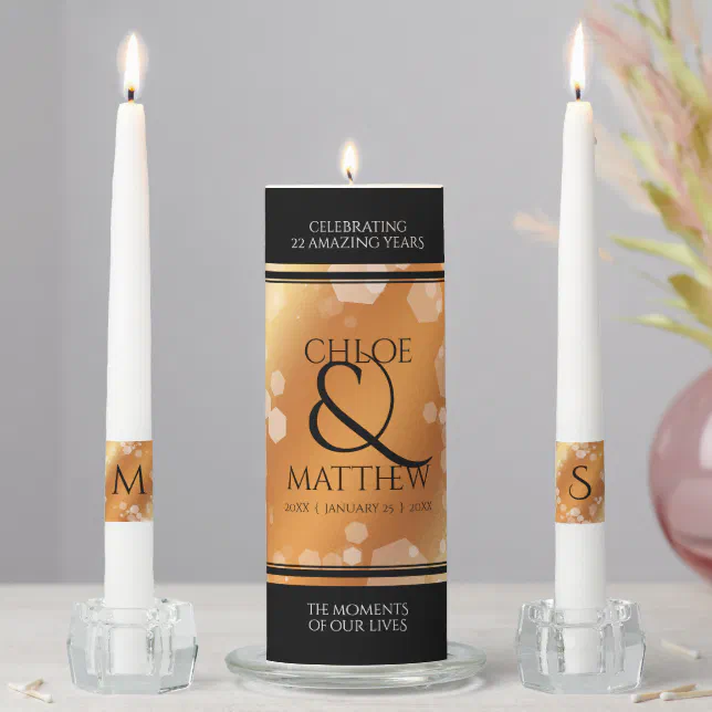 Elegant 7th 22nd 49th Copper Wedding Anniversary Unity Candle Set