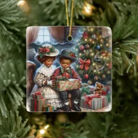 Vintage Kids Opening Christmas Presents  Ceramic Ornament