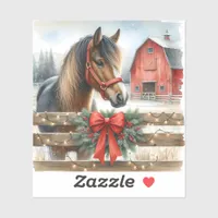 Festive Horse and Red Rustic Barn Christmas Sticker