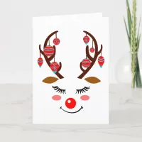 Adorable Deer Face with Ornaments on Antlers, ZKOA Holiday Card