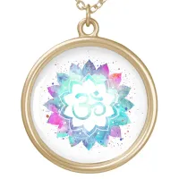 *~* OM Symbol Watercolor  Mandala Aum Lotus Gold Plated Necklace