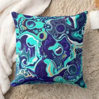 Blue Teal Ocean Swirls Fluid Art    Throw Pillow