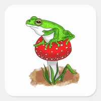 A cute Hand drawn Frog on a Whimsical Mushroom Square Sticker