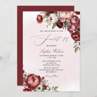 Elegant Modern Burgundy Blush Floral Sweet 16 Invitation