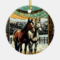 Merry Christmas Cartoon Horses Ceramic Ornament