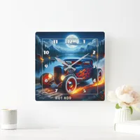 A fiery hot rod racing by a serene moonlit lake square wall clock