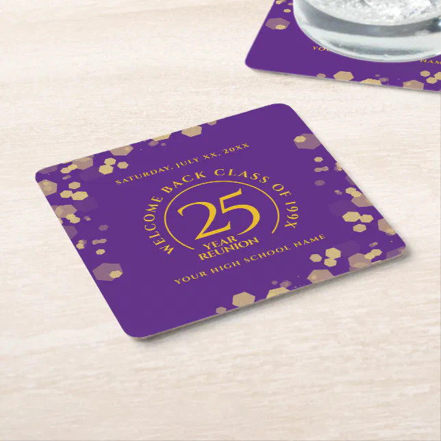 Purple & Gold School College Class Reunion Square Paper Coaster