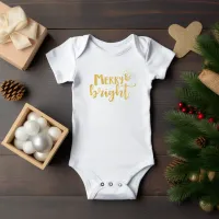 Gold Typography Merry and Bright Christmas Baby Bodysuit