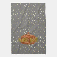 Hello Fall Glitter Pumpkin + Metallic Gold & Grey Kitchen Towel