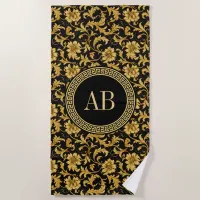 Monogram Black Gold Classy Elegant Pattern Beach Towel