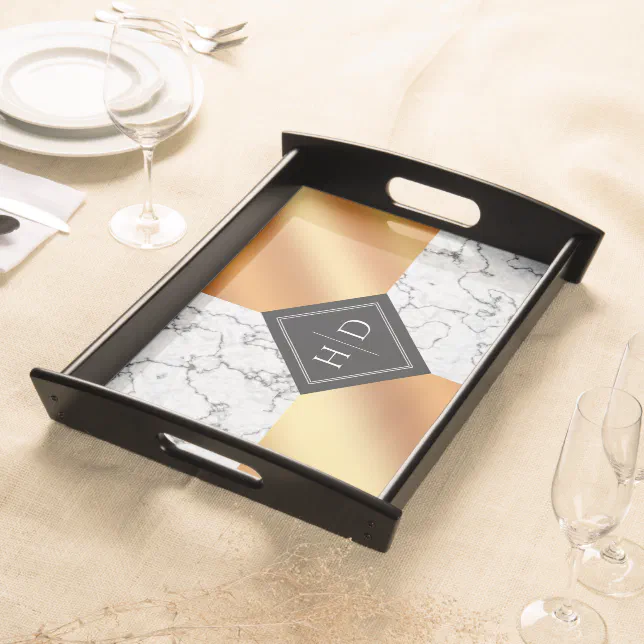 Elegant Marble & Copper Foil Monogram Wedding Serving Tray