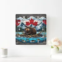 Snowy Mountain, Beaver, Canadian Pride Square Wall Clock