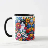 Pixel Art Cat, Kitten and Flowers  Mug