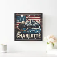 Eagle Perched Over Mountain Landscape With Waves Square Wall Clock