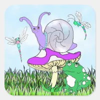 Cute Purple Snail, Frog and Dragonflies Square Sticker