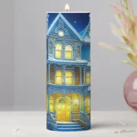 Joyeux No&#235;l Pretty Blue Christmas House Pillar Candle