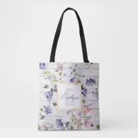 Romantic Vintage Retro Flowers on Barn Wood & Name Tote Bag